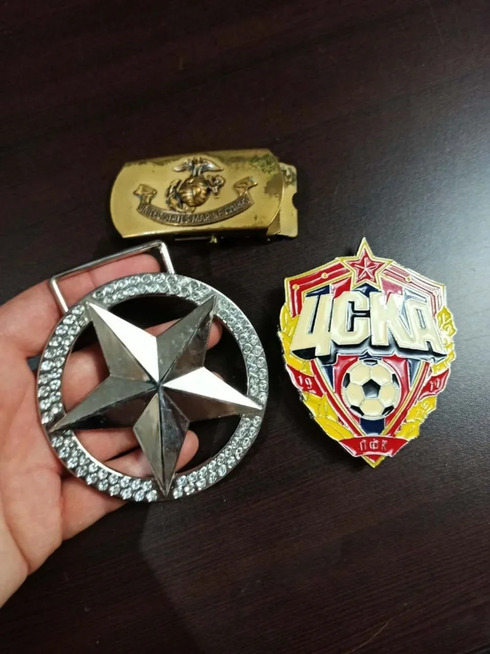 Vintage 3-piece collectible belt buckle lot featuring military, Soviet/Russian